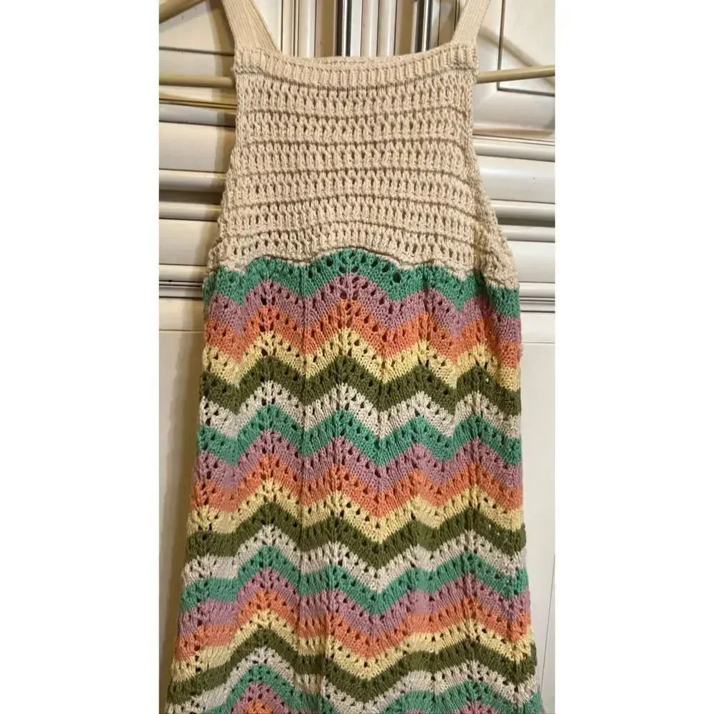 Zara Girls Chevron Sleeveless Square Neck Crochet Sundress Multicolor Size 8-9